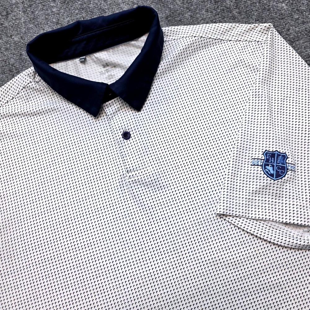 Under Armour Golf Polo Shirt Men's XL White Navy Micro Dot Printed FHCC Logo